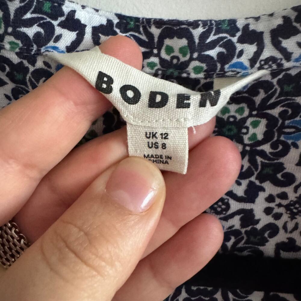 Boden Long Sleeve Floral Blue White Floral Cotton 3/4 Sleeve Top Women's Sz 8 - Picture 3 of 6